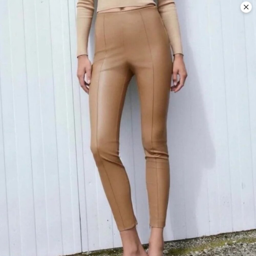 2/$30 Zara Faux Leather Beige Skinny Side Zip Pants Size S #1450